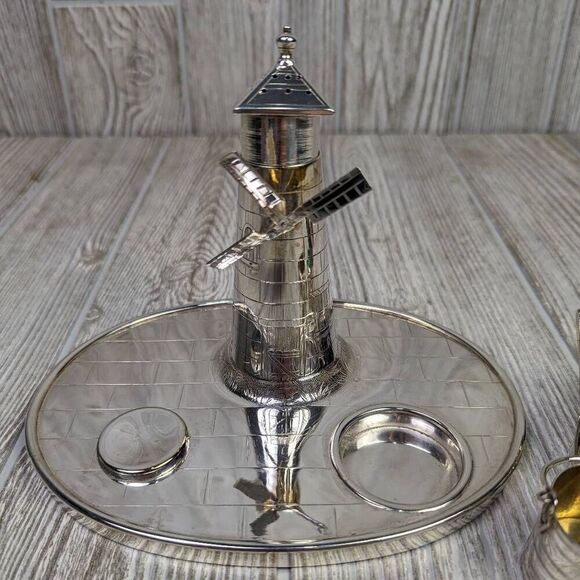 Victorian Silver Plated Novelty Cruet Set with Engraved Windmill Style Pepper Po - Picture 15 of 15
